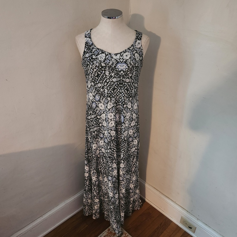 ARTISAN NY Maxi Dress Black White Floral Print Sleeveless Criss Cross Back‎ XS